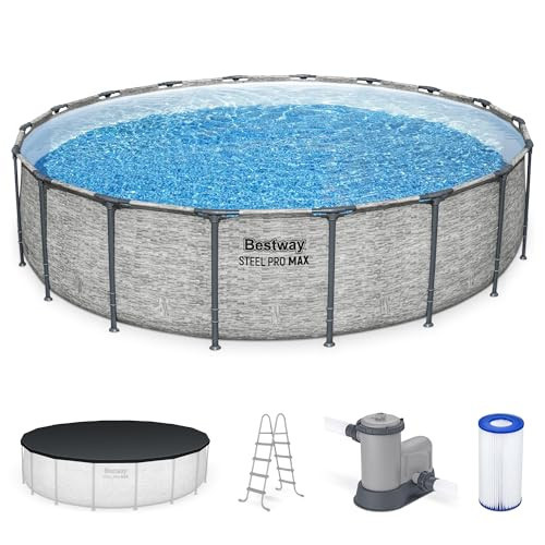 Bestway Steel Pro MAX 18' x 48" Above Ground Pool, Round Metal Frame Outdoor Swimming Pool Set with Filter Pump, Ladder, and Cover, Stack Stone | Amazon (US)