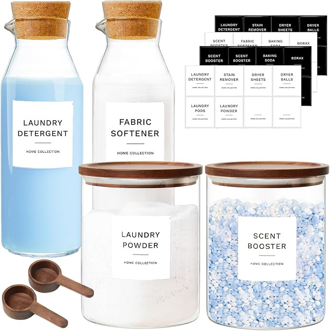 Glass Laundry Storage Containers Set, 4 Pack Liquid Detergent Dispenser with Cork Lid & Laundry R... | Amazon (US)