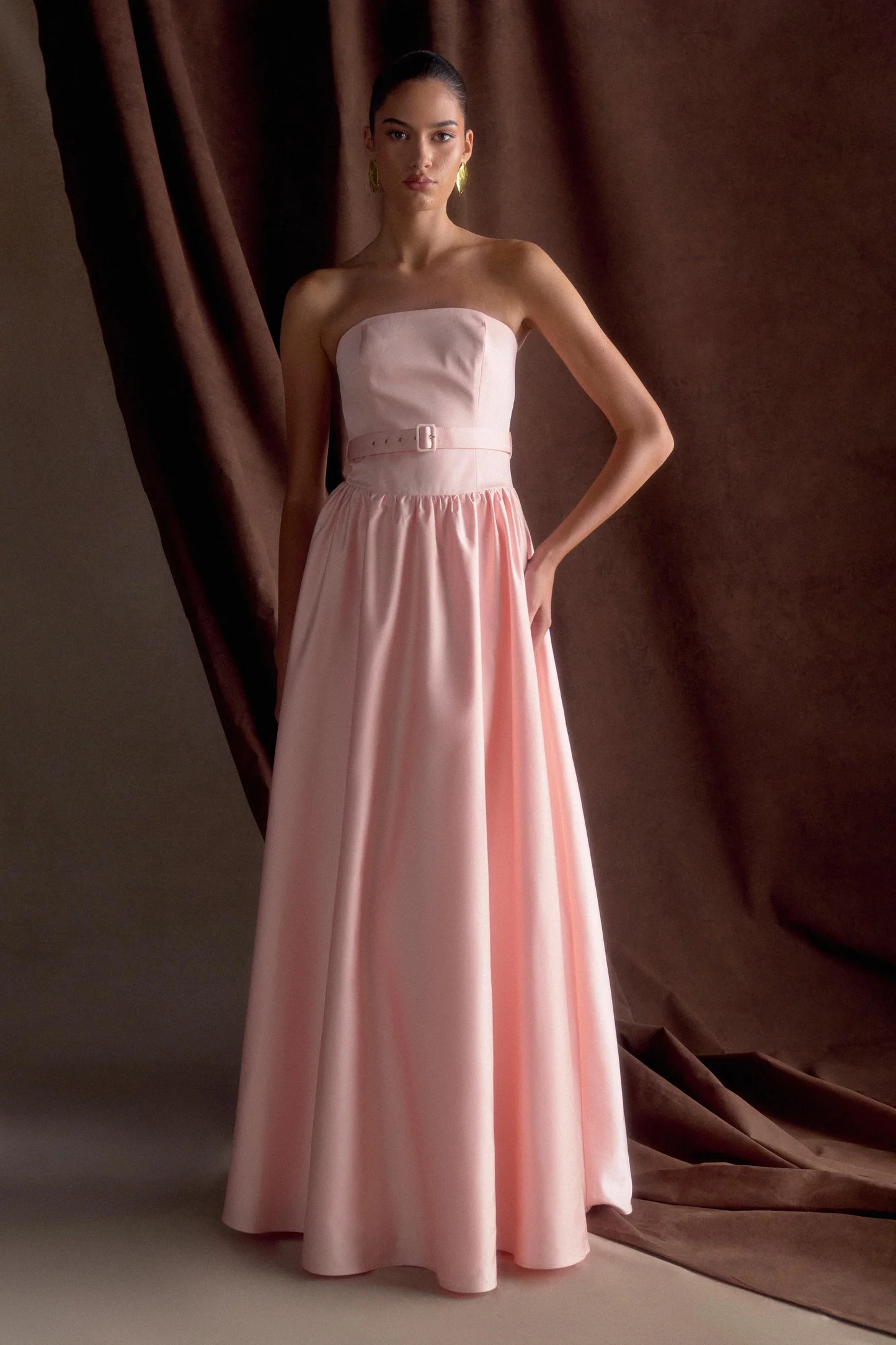 Florence Strapless Belted Maxi Dress - Baby Pink | Meshki UK