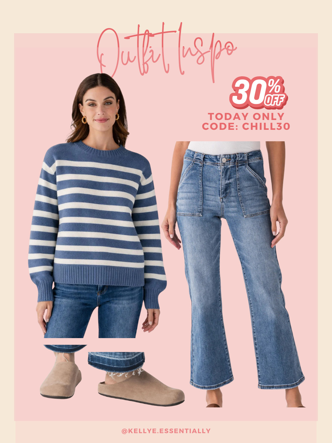 Cute casual sweater and cropped jeans + clog slides all 30% off today only with code CHILL30. 

 #LTKootd #LTKSeasonal #LTKSaleAlert