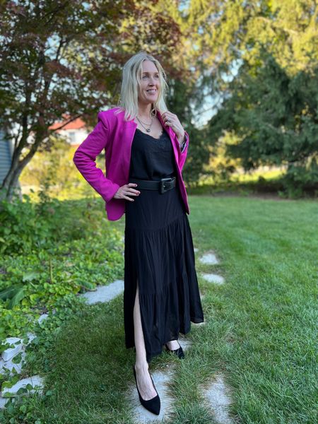 Black maxi skirt outfit with bright pink blazer, cami and black suede pumps.

Use code DOUSED10 for 10% off at Gibsonlook.

Use codes JILL40($40 off first pair of heels) JILL10(10% off first pair of flats) at Ally Shoes

#LTKunder100 #LTKworkwear #LTKshoecrush