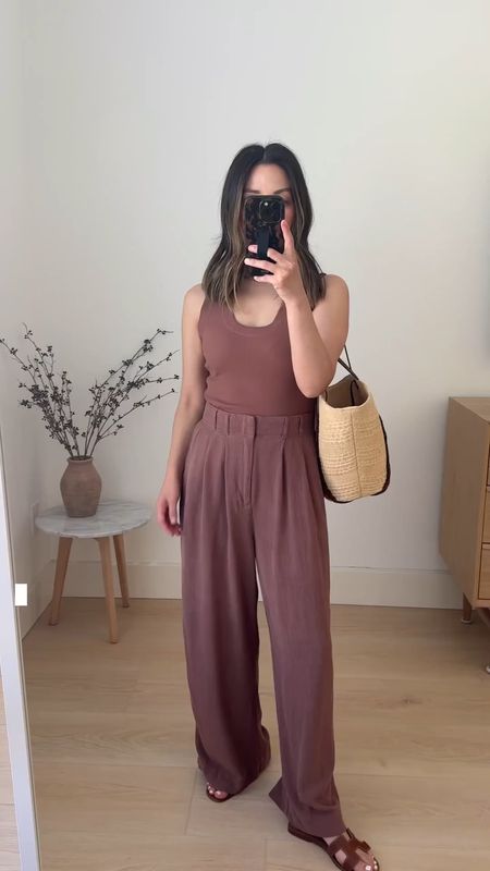 Z Supply farah pants in mocha. Tank in mocha as well. So comfy. Sized up in the pants. Petite-friendly length after a wash and dry. 

Z supply pants small
Z Supply tank xs
Hermes Oran sandals 35
Sezane tote 
Celine sunglasses  

Spring outfits, sandals, purse, vacation outfits 

#LTKSeasonal #LTKitbag #LTKshoecrush