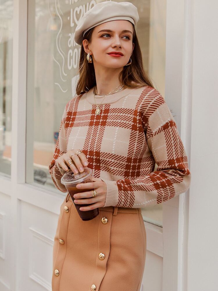 Simplee Drop Shoulder Plaid Sweater | SHEIN
