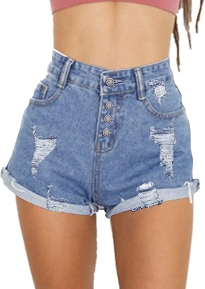 Haola Women's Juniors Vintage Denim High Waisted Folded Hem Jeans Shorts | Amazon (US)