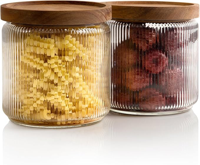 Mason & Fable Ribbed Glass Jar, Stackable & Airtight Wooden Lid- Storage Canister for Cereal, Pas... | Amazon (US)