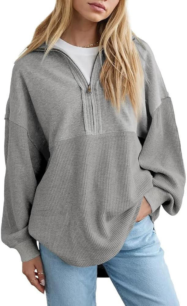 SHEWIN Womens Sweatshirt Casual Waffle Knit Half Zip Pullover Loose Long Sleeve Tops Fall Outfit ... | Amazon (US)