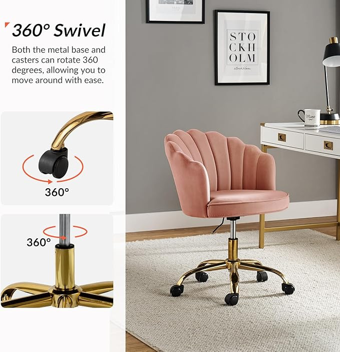 HULALA HOME Velvet Home Office Desk Chair, Modern Shell Back Makeup Vanity Chair with Wheels, Swi... | Amazon (US)