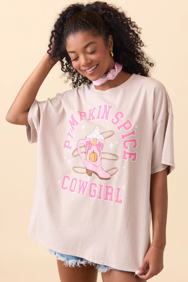 Pumpkin Spice Cowgirl Taupe Oversized Graphic Tee | Pink Lily
