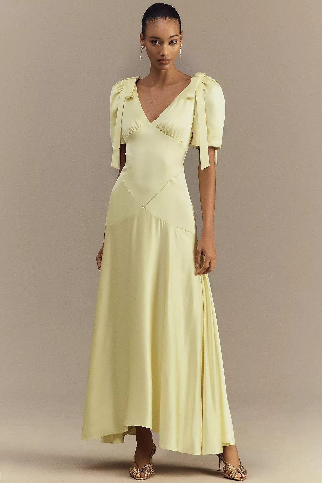 Mare Mare Bree Puff-Sleeve V-Neck Satin Slip Midi Dress | Anthropologie (US)