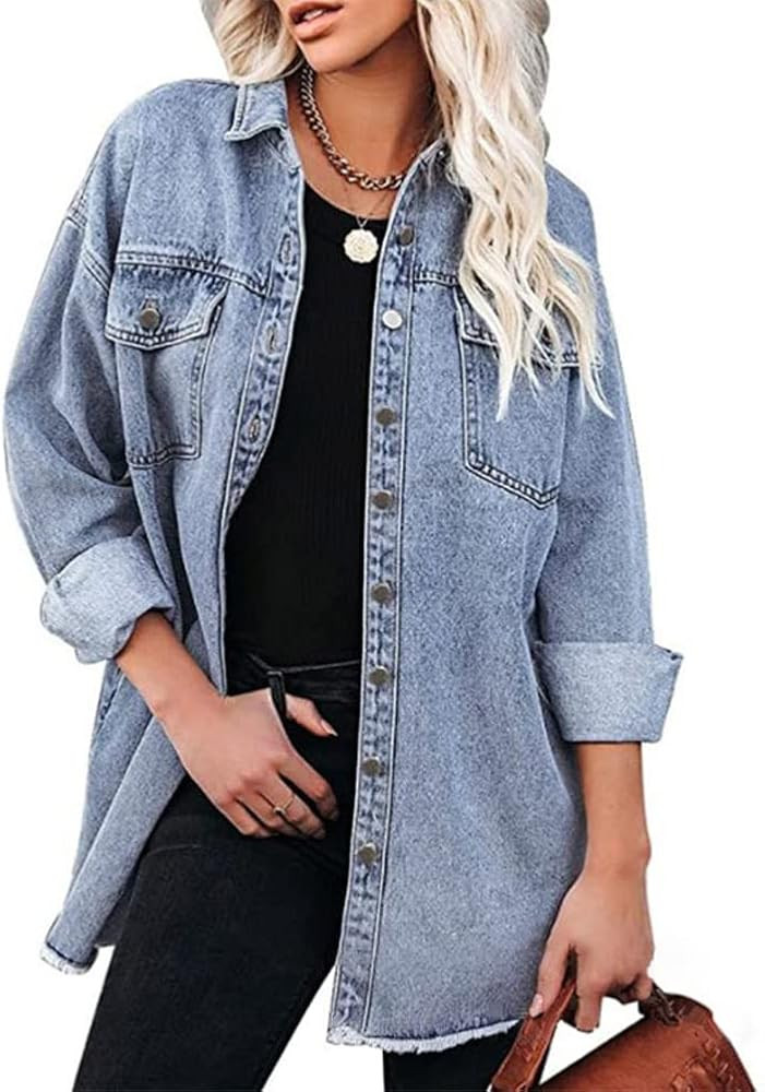 chouyatou Women's Oversized Denim Shacket Jacket Boyfriend Button Down Frayed Jean Jacket | Amazon (US)