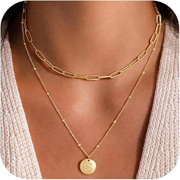 Initial Necklaces for Women Girls - Real Gold Plated Layered Gold Disc Letter Necklace Dainty Gol... | Amazon (US)