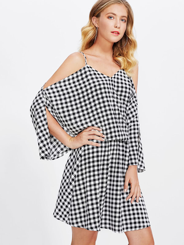 Dolman Sleeve Gingham Blouson Dress | SHEIN