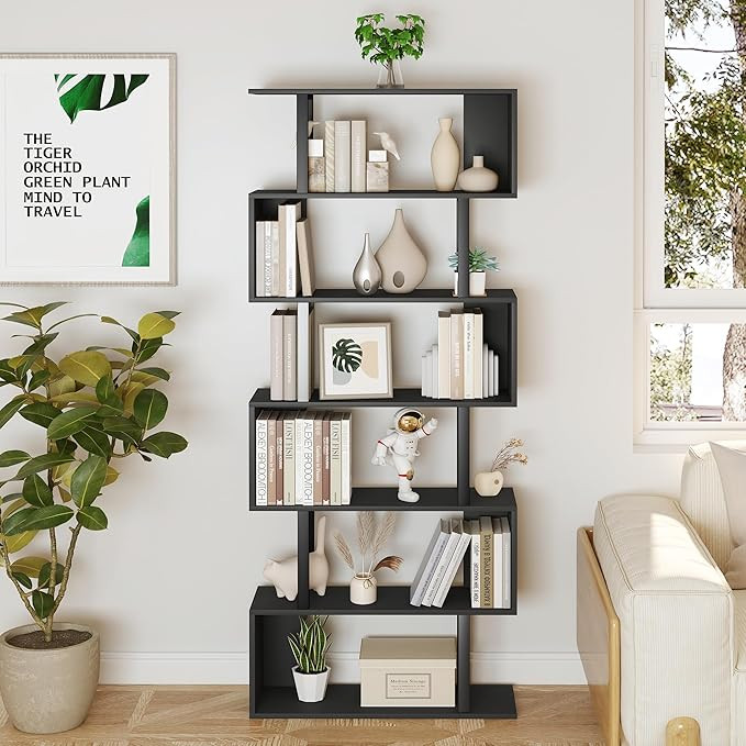Yusong S Shaped Bookshelf, Modern Geometric Bookcase, 6-Tier Black Display Case Book Shelf | Amazon (US)