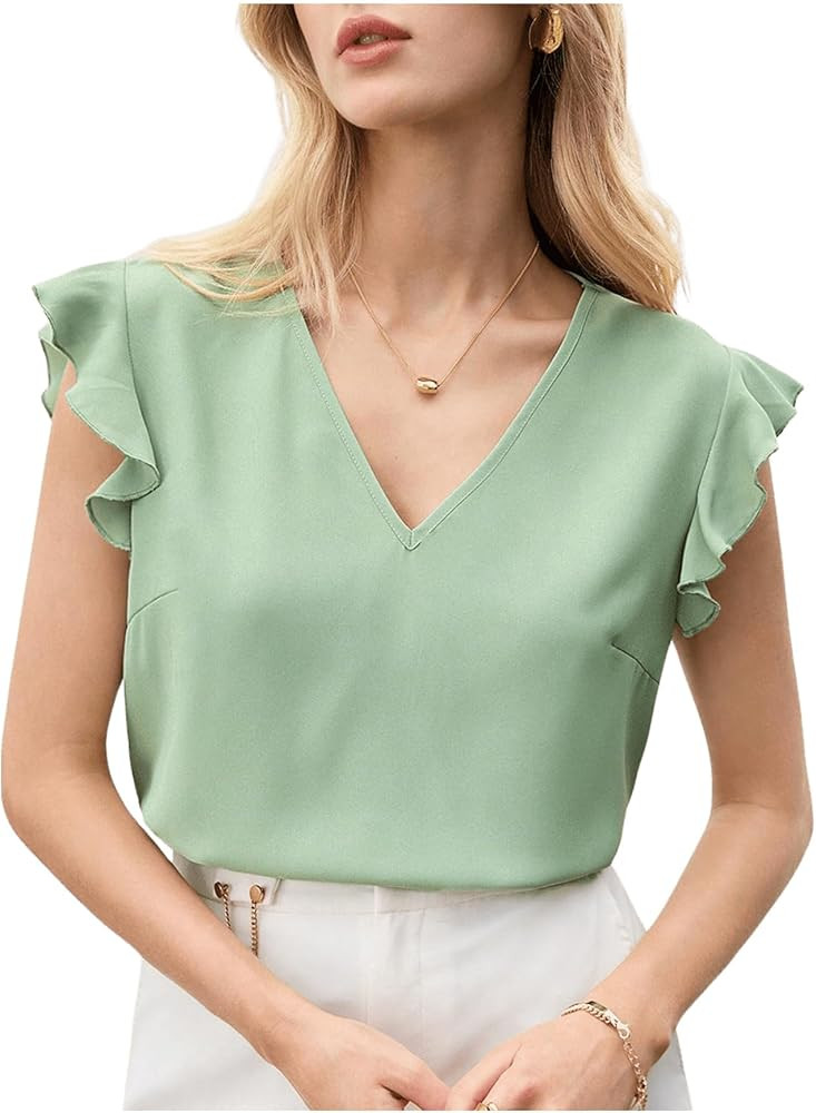 Women's Ruffle Blouse Elegant Cap Sleeve Blouses V Neck Office Work Casual Shirts Tops | Amazon (US)