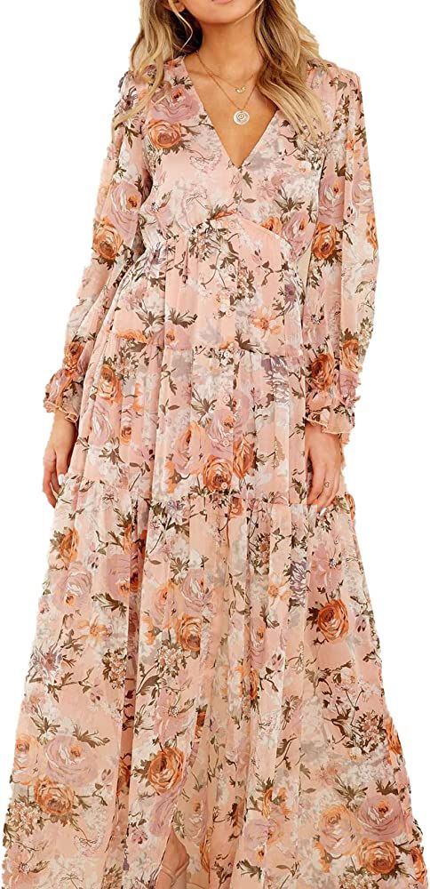 Women's Long Sleeve Floral Maxi Dress V-Neck Casual Long Dresses Party Maxi Dress | Amazon (US)