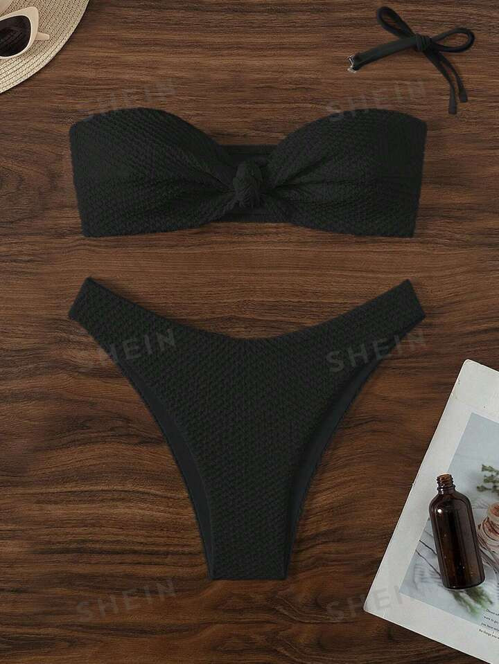 SHEIN Swim Mod Summer Texture Bandeau Two-Piece Swimsuit Set, Perfect For Beach Vacations | SHEIN