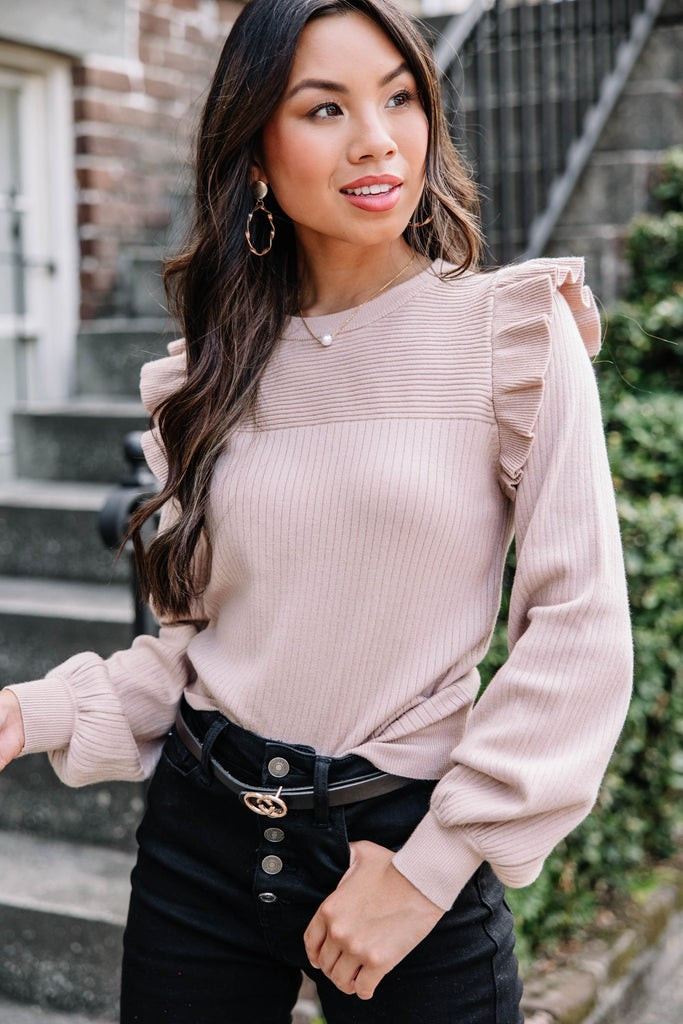 Reach Out Warm Taupe Brown Ruffled Sweater | The Mint Julep Boutique