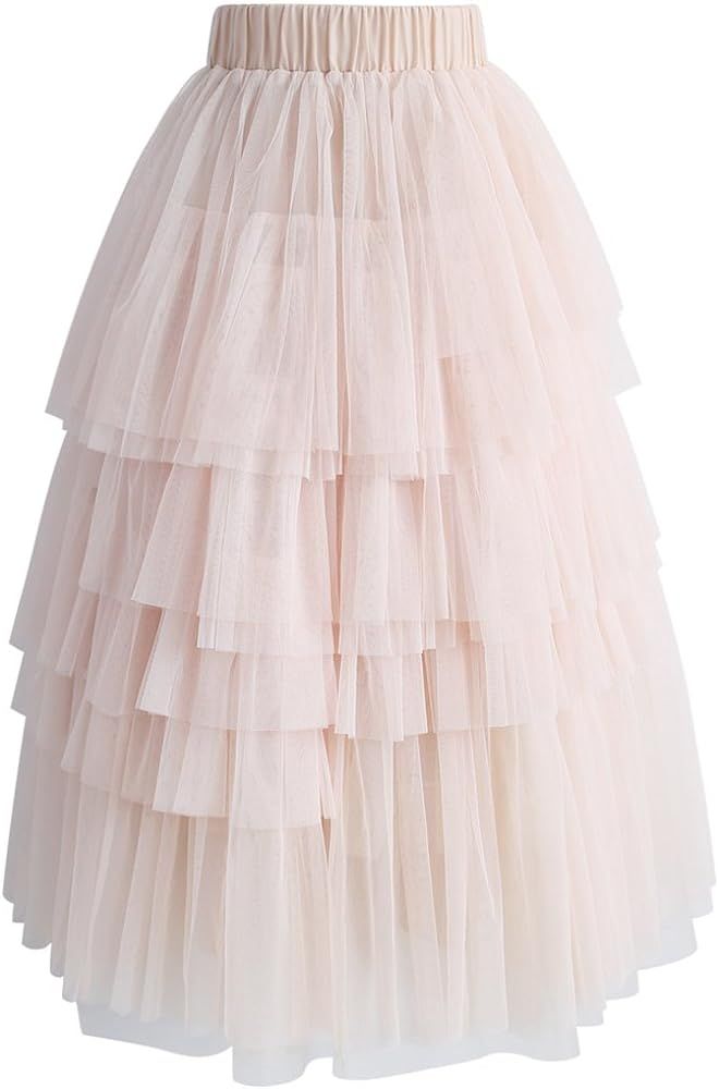 Women’s Pink Tiered Tulle Midi Skirt | Amazon (US)