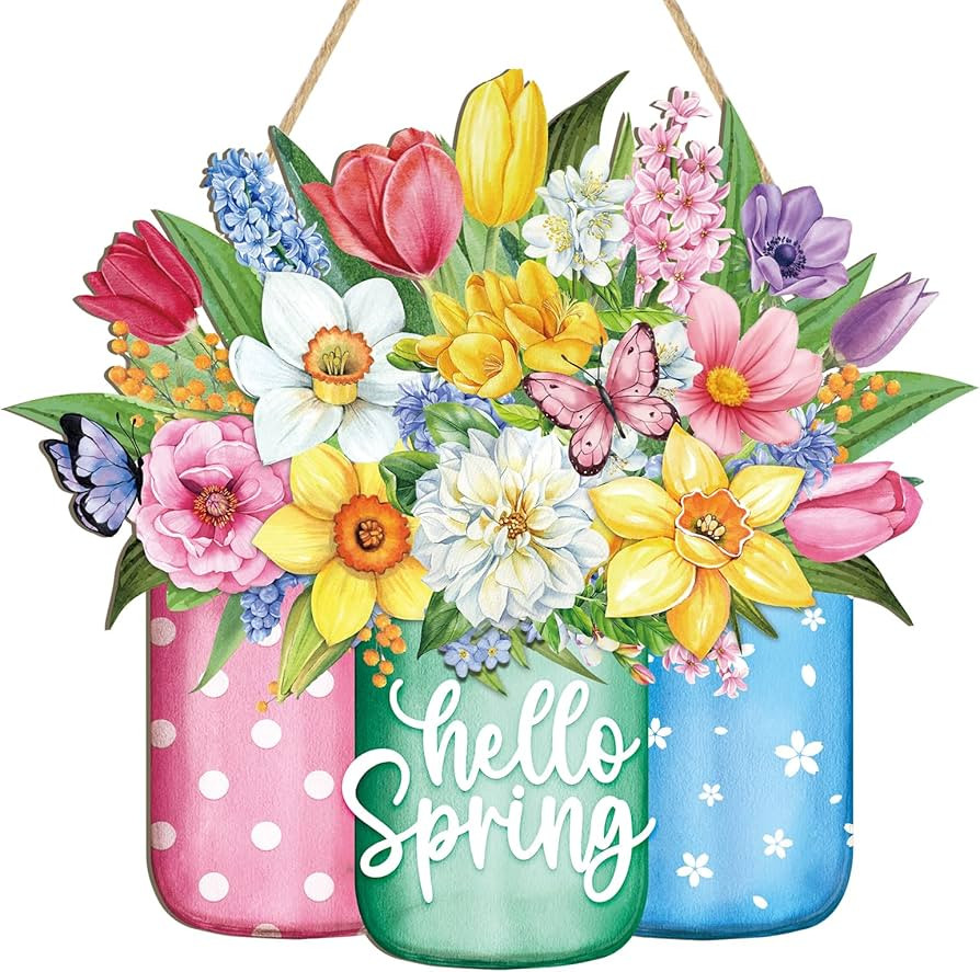 Hello Spring Wreath for Front Door Sign Wall Signs Decoration,Flower Wreath Sign Spring Welcome H... | Amazon (US)