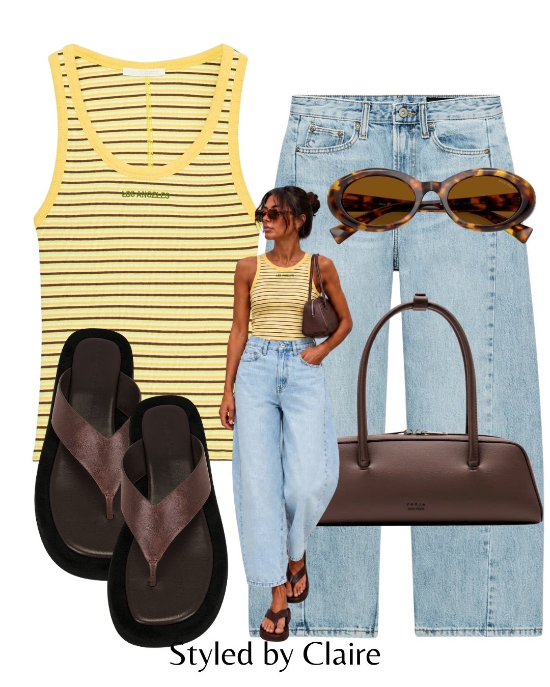 COOL GIRL STYLING❤️‍🔥
Tags: Zara tank top stripe yellow brown green barrel leg jeans light wash miu miu sunglasses tortoiseshell Tony bianco flat thong sandals flip flops revolve freja chocolate brown shoulder bag fashion city break inspo outfit ideas

#LTKsummer #LTKstyletip #LTKshoes
