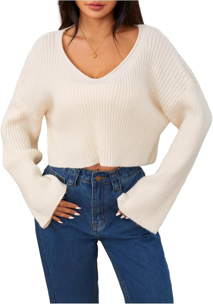 MakeMeChic Women's Cropped Sweater Winter Cream Sweater Knit V Neck Drop Shoulder Long Sleeve Cro... | Amazon (US)