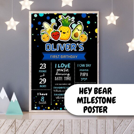 Hey Bear Sensory First Birthday Milestone Poster Sign Blue  - Etsy | Etsy (US)