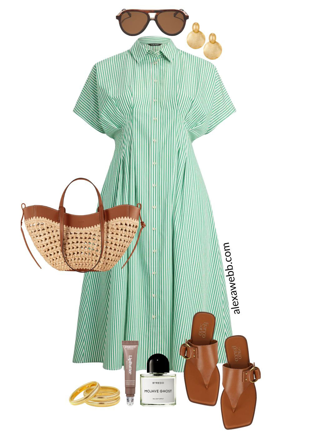 Plus Size Green Stripe Dress Outfits - A plus size green striped dress for spring styled 5 ways! A plus size green and white short-sleeved striped shirt dress for work or play! Add a raffia and leather tote bag, flat sandals, and gold jewelry. Alexa Webb #plussize  

 #LTKSeasonal #LTKOver40 #LTKPlusSize