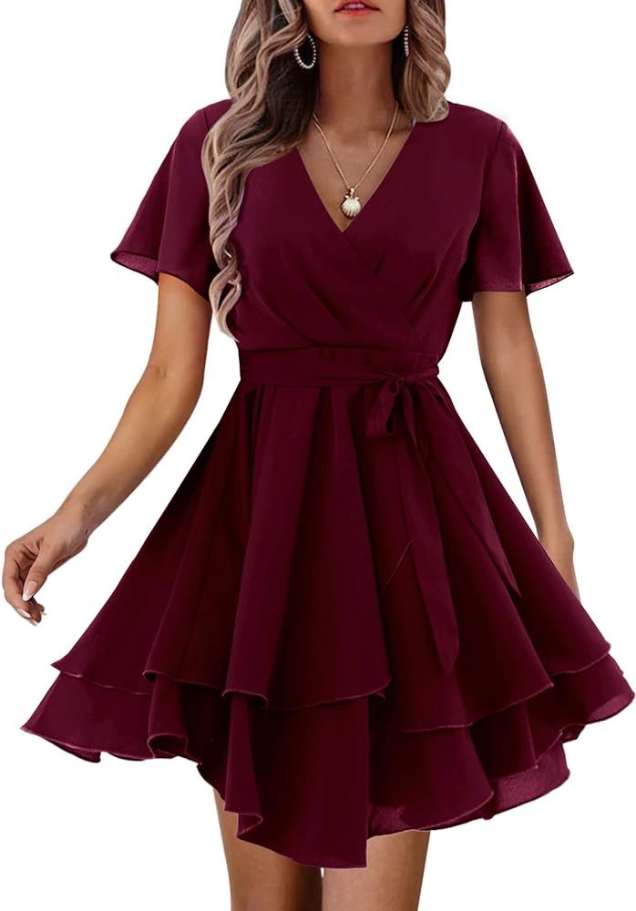Amoretu Womens Casual Short Sleeve Wrap V-Neck Ruffle Mini Dresses | Amazon (US)