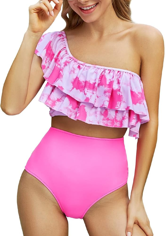 VIMPUNEC Ruffle One Shoulder Swimsuits for Women Cute High Waisted Two Piece Bathing Suits | Amazon (US)