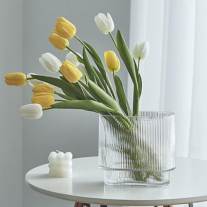 IUIBMI Ribbed Glass Vase, Clear Glass Vase, Centerpiece Vase for Flowers, Modern Vase, Fluted Gla... | Amazon (US)