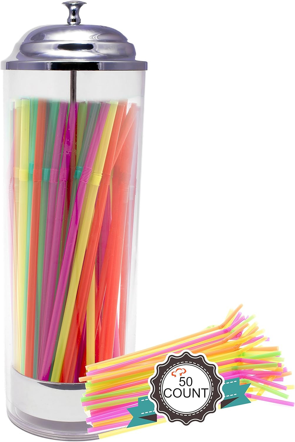 Tiger Chef Straw Dispenser - Straw Holder Including 50 Neon Straws - Clear Plastic and Stainless ... | Amazon (US)