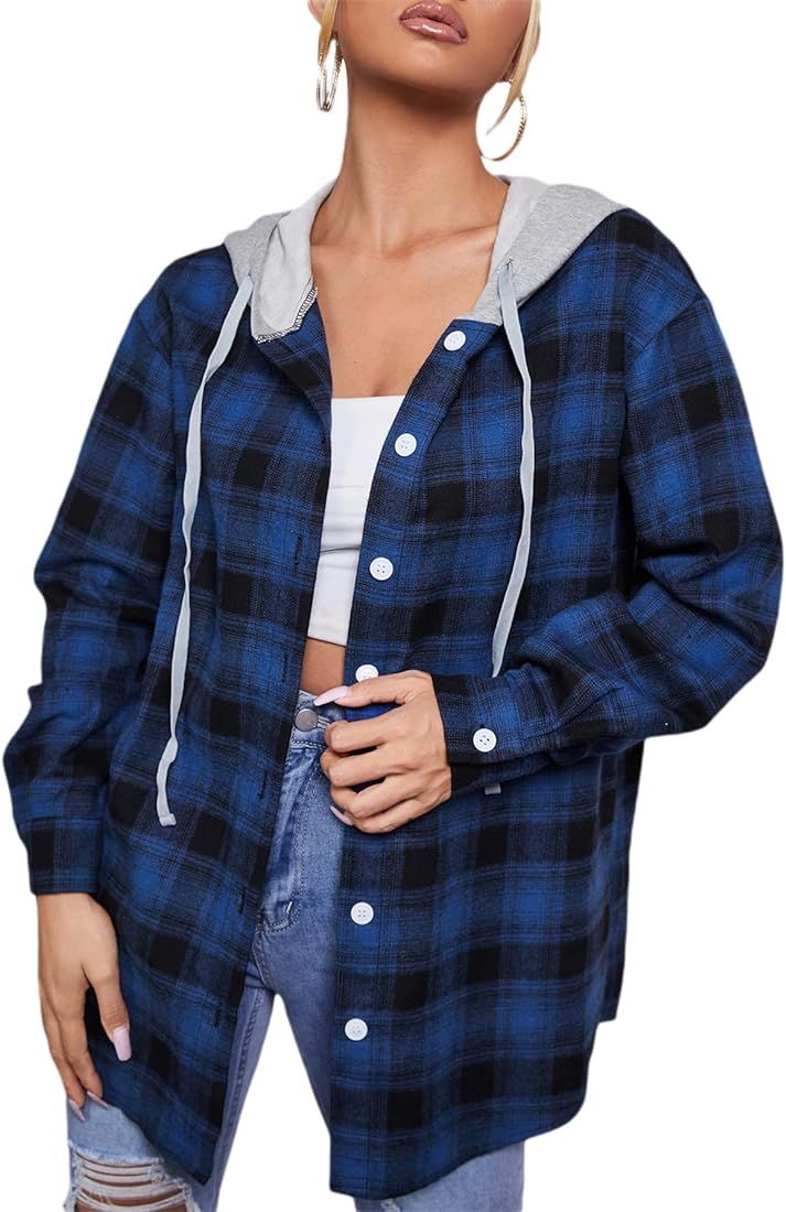 SheIn Women's Plaid Drawstring Hooded Blouse Long Sleeve Button Down Work Hoodie Shirt Top Jacket... | Amazon (US)