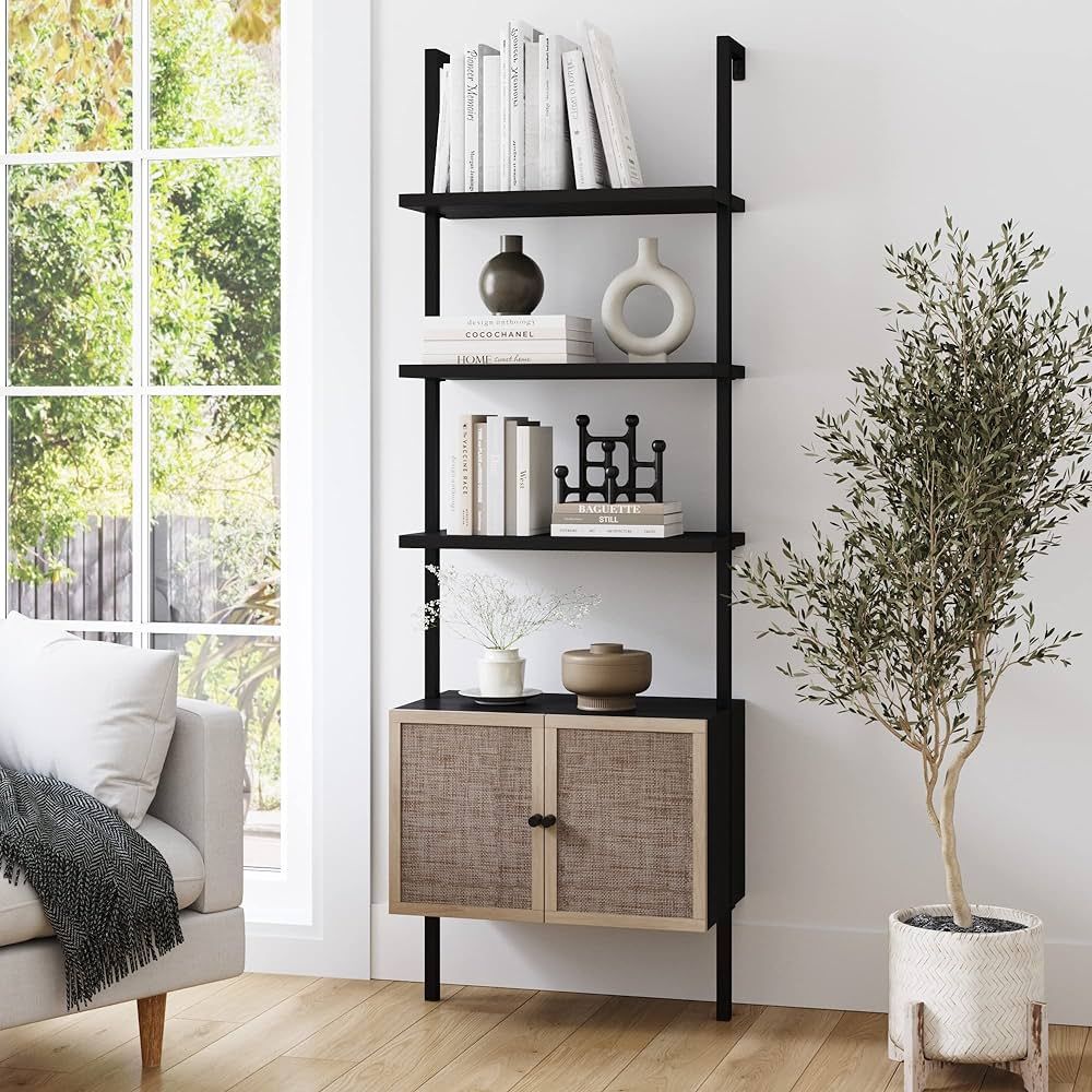 Nathan James Theo Modern Bookcase with Rattan Cabinet in Matte Black and Light Oak Finish with Ma... | Amazon (US)