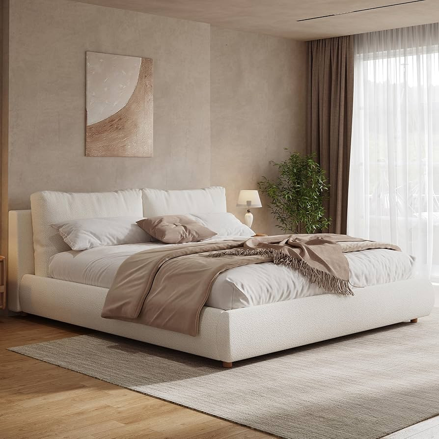 Merax King Size Boucle Fabric Upholstered Platform Bed with Two Removable Pillow Headboard, Wood ... | Amazon (US)