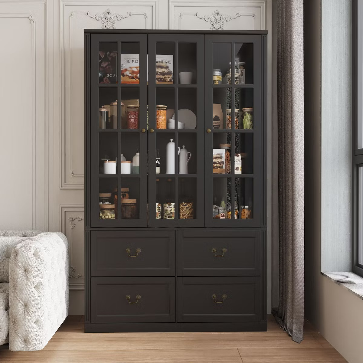 Famapy 47.2''W  Glass Doors Display Cabinet Wooden Organizer Pantry Black | Target