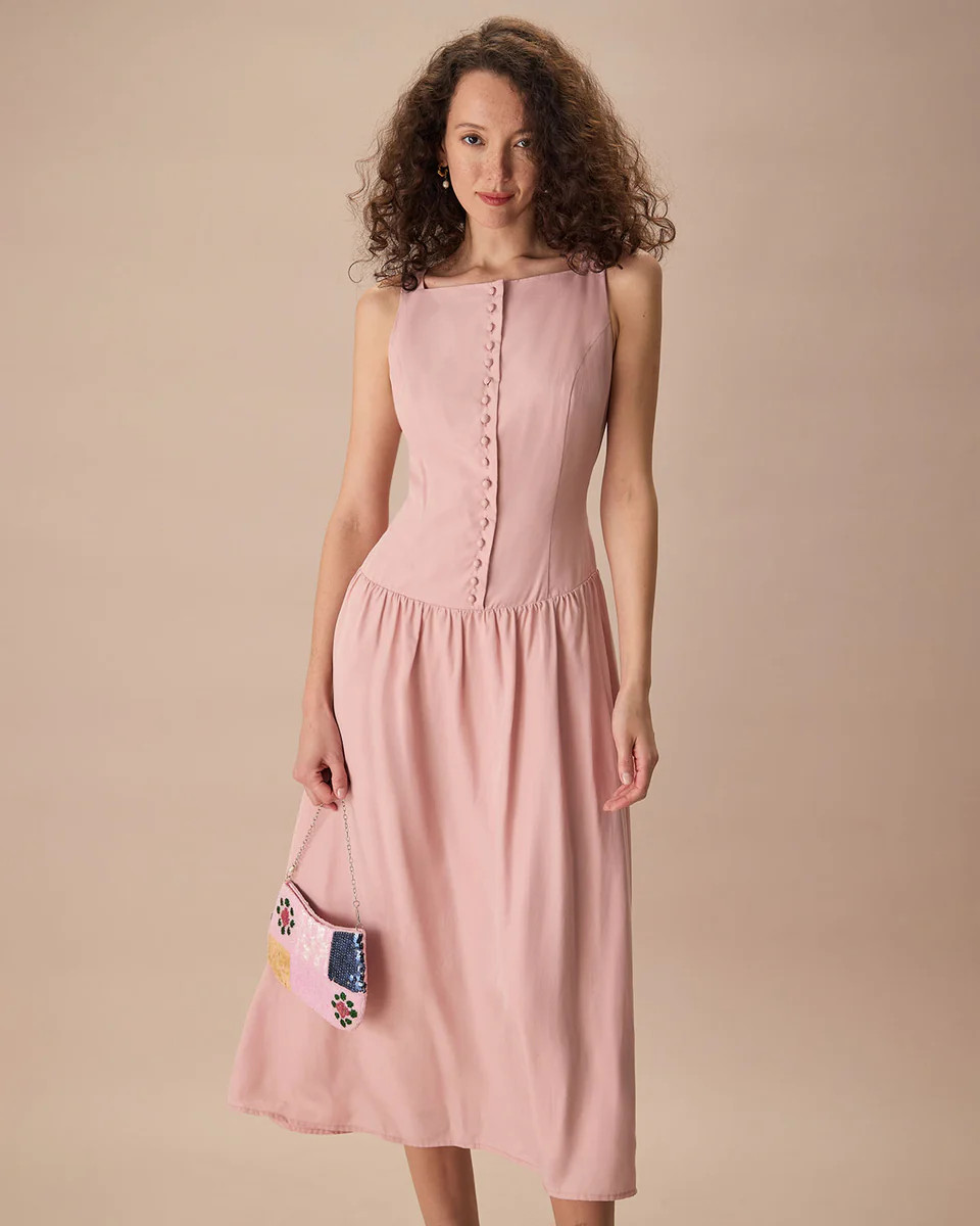 Women's Pink Boat Neck Sleeveless Lyocell Midi Dress & Reviews - Pink - Dresses | RIHOAS | rihoas.com