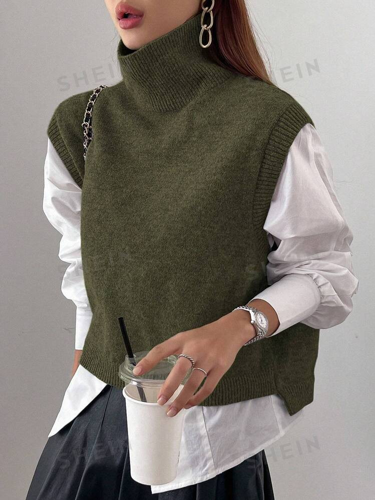 DAZY Women Casual Solid Color Mock Neck Loose Sweater Vest, Excluding Shirt | SHEIN