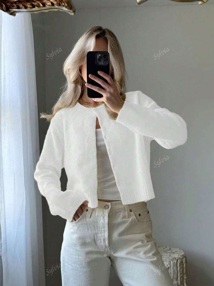 Women Simple Solid Color Crew Neck Button Front Long Sleeve Knitted Cardigan | SHEIN