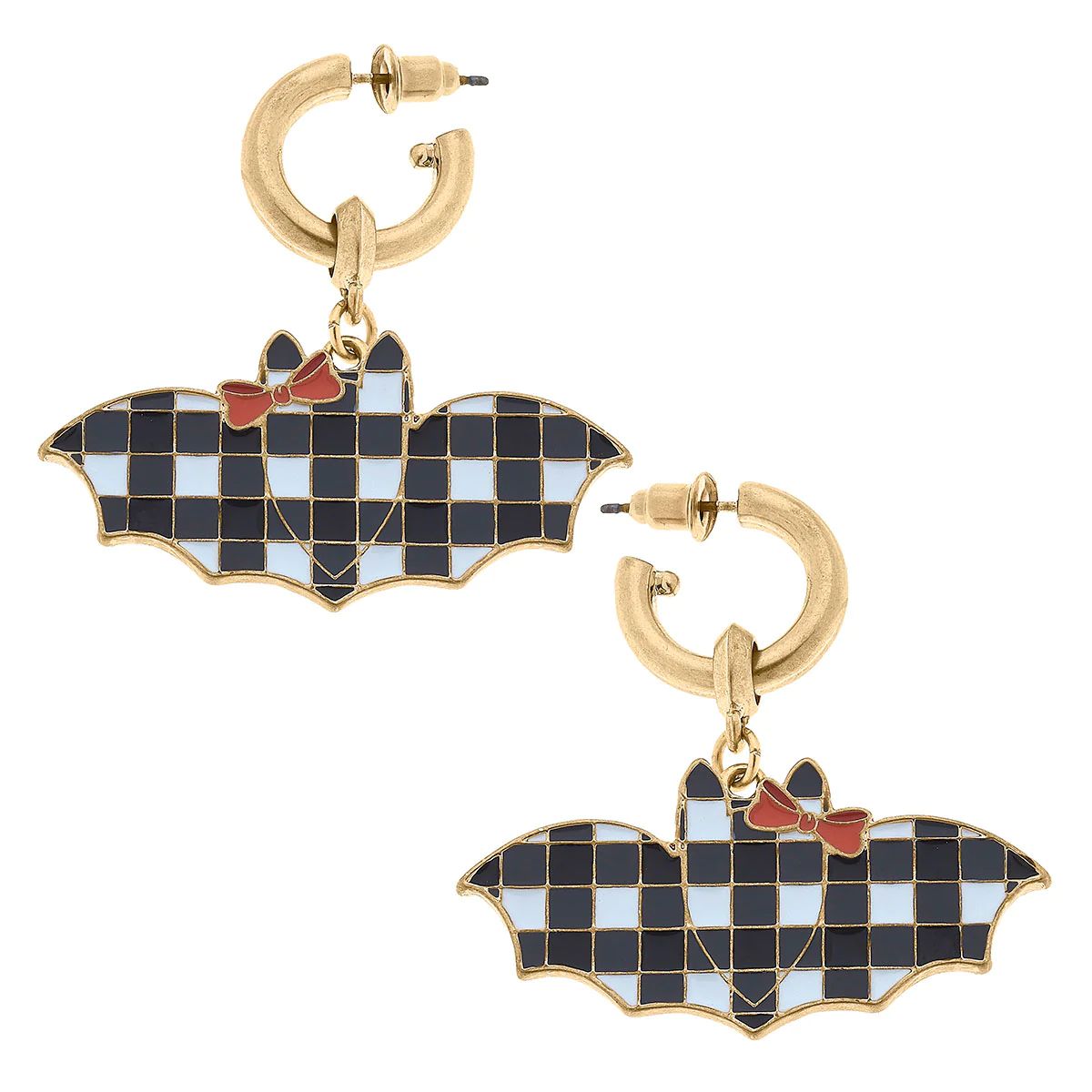 Halloween Gingham Bat Enamel Earrings in Black & White | CANVAS