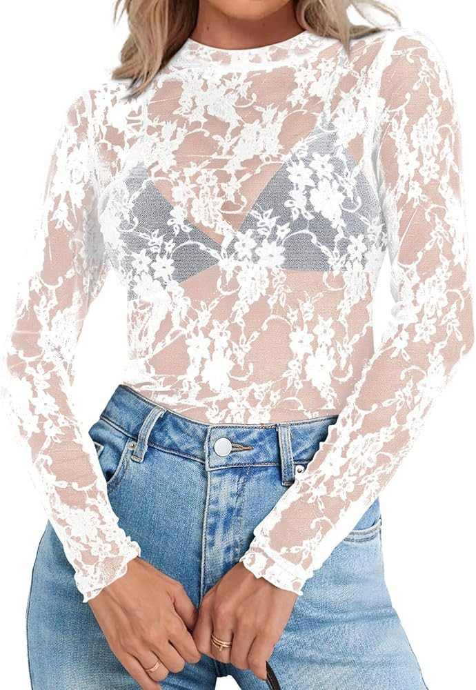 Elesomo Womens Mesh Lace Long Sleeve Tops Mock Neck See Through Shirts Casual Blouses | Amazon (US)