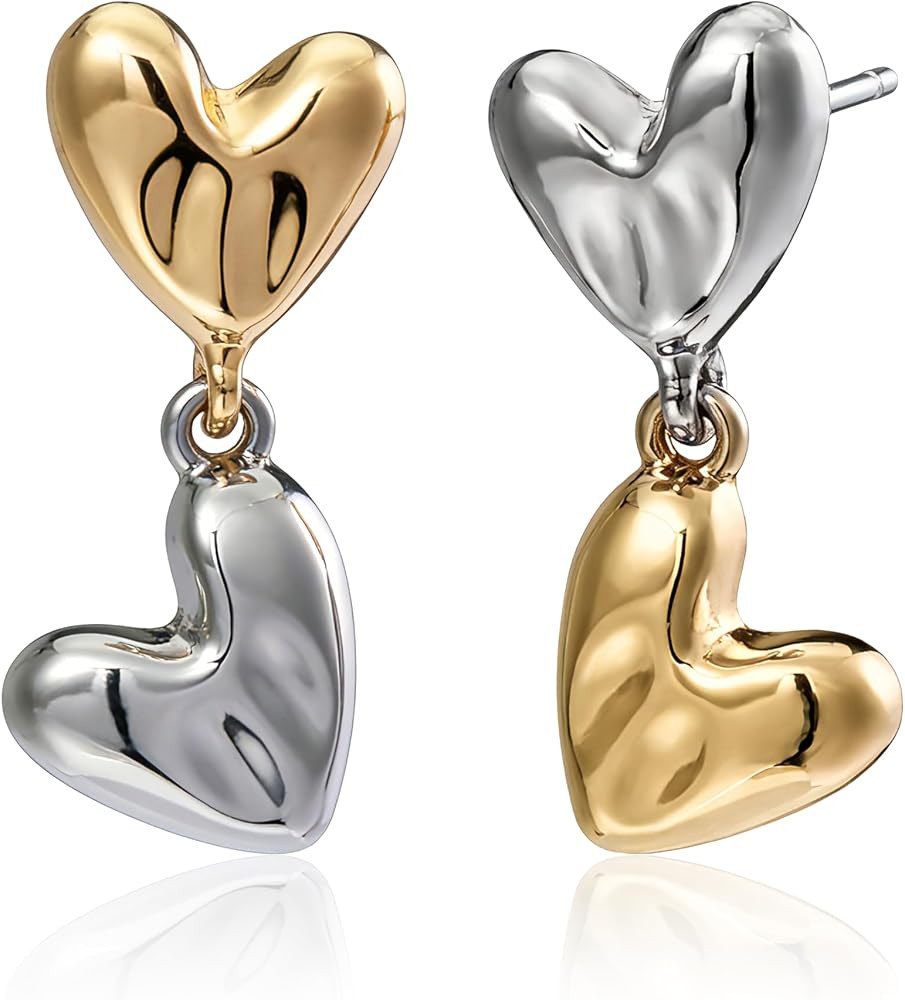 Mixed Metal Double Heart Drop Earrings for Women, Two-Tone | Amazon (US)
