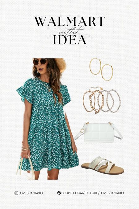 Walmart outfit idea. Summer outfit. Spring outfit. Green dress. Flowy dresses. Gold earring. Gold jewelry. White sandals, white slides, Walmart dresses. Walmart dress. Midi dress. Mini dress. #ltkunder50 #

#LTKSeasonal #LTKstyletip #LTKFind