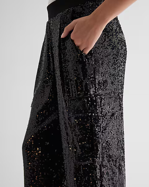 High Waisted Sequin Cargo Joggers | Express