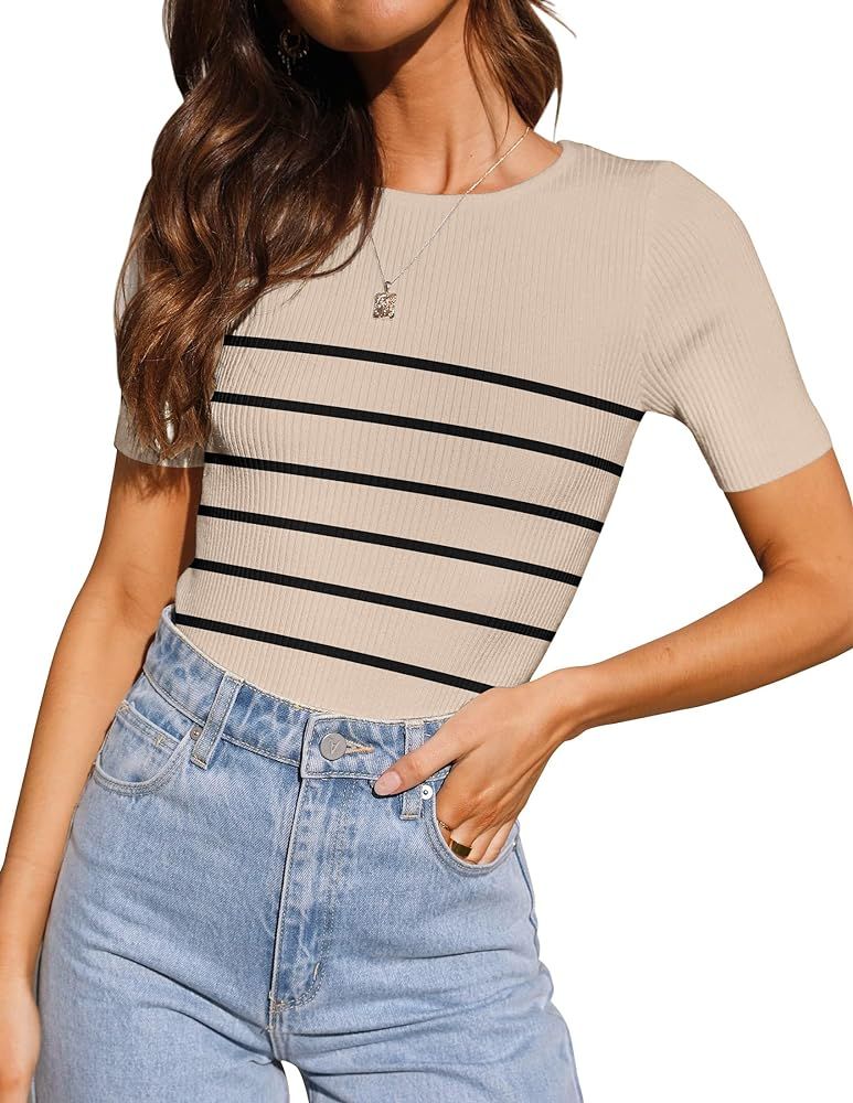Women's Stripe Ribbed T-Shirt Short Sleeve Summer Shirts 2024 Knit Slim Fit Basic Solid Color Tee... | Amazon (US)