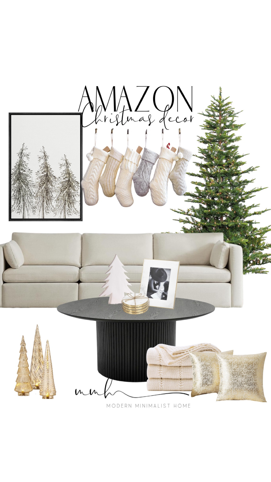 Holiday magic meets modern style with these festive @Amazon finds! 🎄✨ This Christmas mood board features a stunning 9-foot pre-lit tree, paired with cozy pillows and blankets for a warm, inviting living room vibe. The black round coffee table and gold tabletop Christmas trees add a touch of elegance, while the gold trees shelf decor and Christmas tree wall art complete the look. Deck your halls with style—without breaking the bank!

#LTKSeasonal #LTKStyleTip #LTKHome