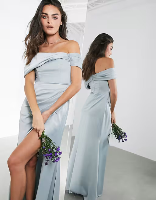 ASOS EDITION satin bardot drape wrap maxi dress in ice blue | ASOS (Global)