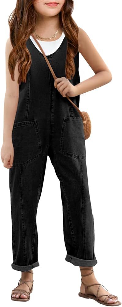 Haloumoning Girls' Denim Overall Jumpsuits Sleeveless V Neck Adjustable Straps Jeans Pants Jumper... | Amazon (US)
