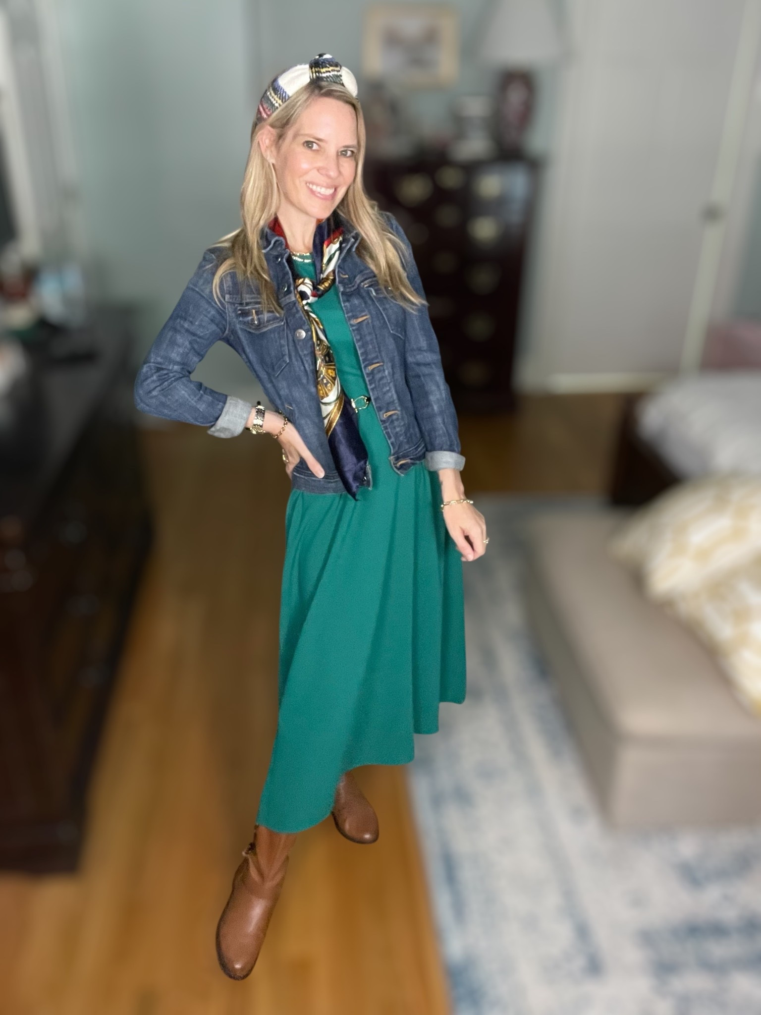 Classic fall styling with rich jewel tones and luxe accessories 🍂✨ This dark green Amazon dress (size S) is a closet staple with a flattering ribbed top and flowy A-line skirt—under $30 and available in several colors! I layered it with a plaid knotted headband and tied a silk scarf at the neck for a vintage-inspired twist 🧣💚 Cinched the waist with a tan belt and finished the look with tall brown boots and a fitted denim jacket.

Accessorized with my go-to gold pieces from Melinda Maria and Abbott Lyon:
💎 Use code PREPPYREBEL for 10% off Melinda Maria!
	•	Lil Frankie Chain Bracelet
	•	Baby Julian Loves Diamonds Bracelet
	•	Lil Frankie Chain Necklace

Plus:
	•	Abbott Lyon Custom Name Tennis Necklace
	•	Abbott Lyon Two Tone Pearl Link Watch

🍁 Perfect for brunch, errands, or casual work days!

#AmazonFashion #FallStyle #PreppyStyle #MelindaMaria #AbbottLyon #LTKFall #LTKunder50 #LTKSeasonalStyle #LTKaccessories

#LTKFindsUnder100 #LTKFindsUnder50 #LTKOver40