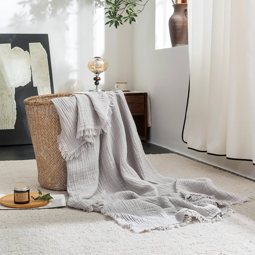 FOSSA Muslin Blanket with Fringe - 4-Layer 100% Cotton Gauze Super Soft & Breathable Throw -Light... | Amazon (US)