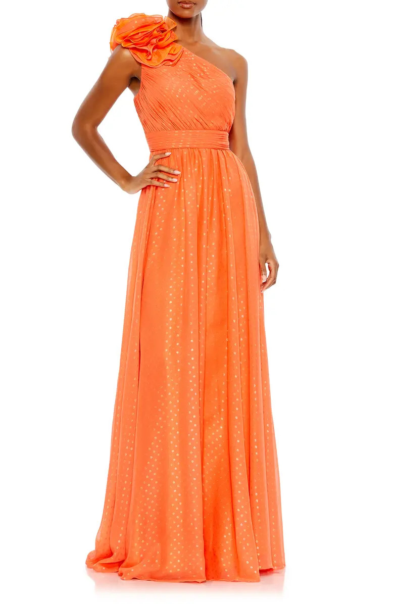 Rosette Metallic Dot One-Shoulder Chiffon Gown | Nordstrom